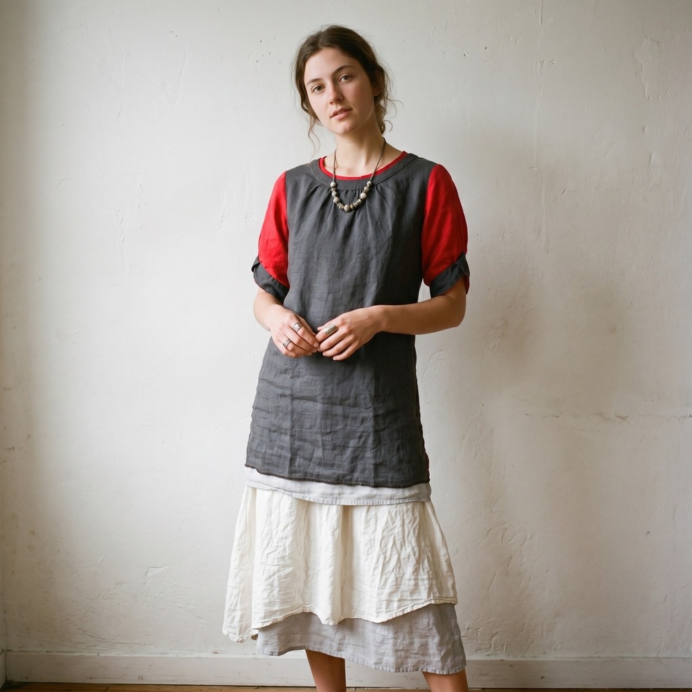 Ziji Womens Top 2 Grey Red Linen Blend Colorblock Art to Wear Lagenlook